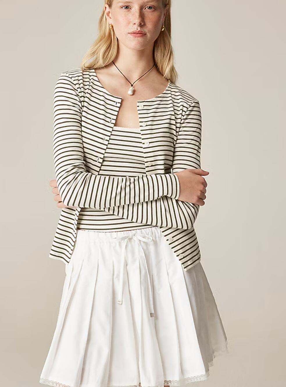 J Crew Fine Rib Knit Cardigan XS NWOT White Olive Green Button Top CI343 J.Crew